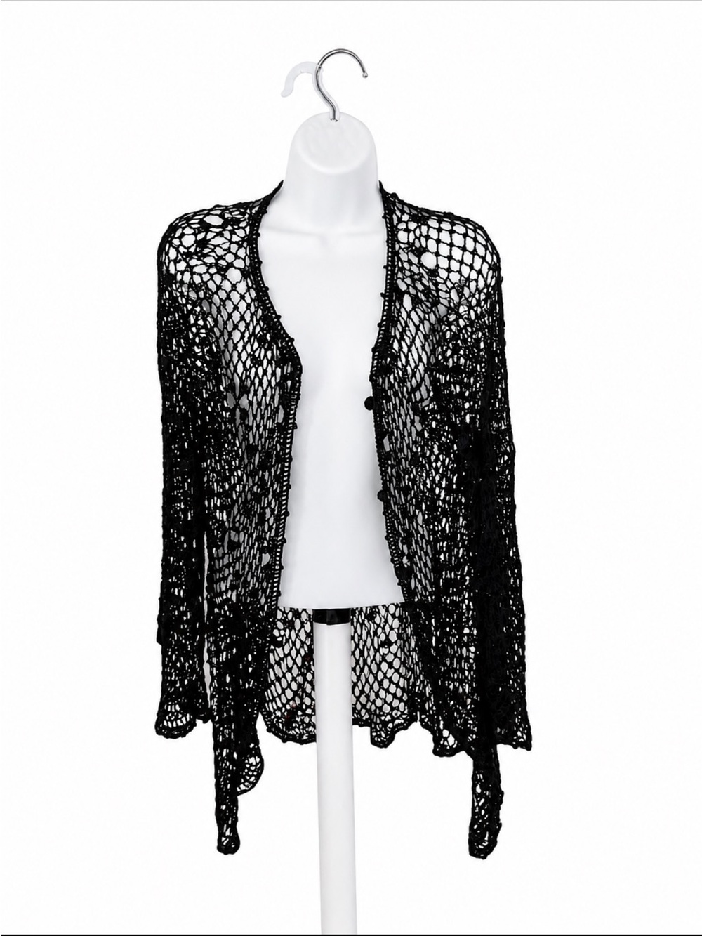 Vintage Express Tricot Black Crochet Open-Knit Cardigan sz L Gypsy goth layer
